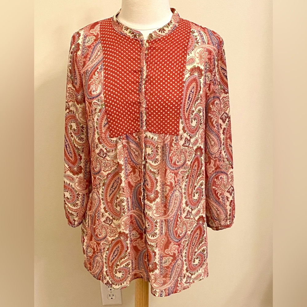 Liz Claiborne Paisley Floral Red Cream XL Boho Cottagecore Romantic Career Top
